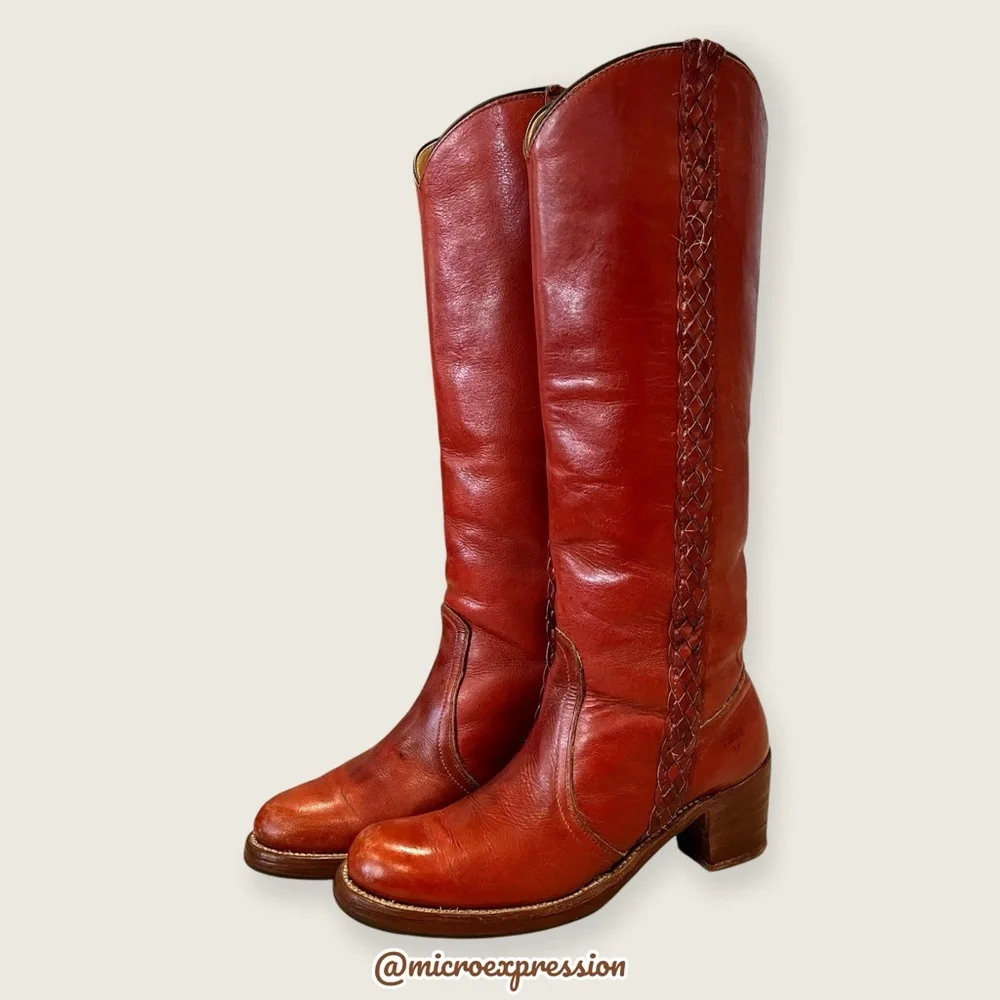 VINTAGE 1970s Frye Leather Red-Brown Leather Braided Knee High Block Heel Boot